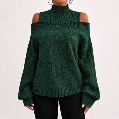Forest Green women's cold-shoulder mock-neck oversized knitted jumper, front studio view