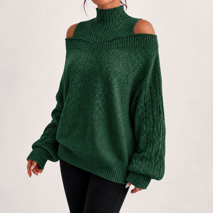 Forest Green women's cold-shoulder mock-neck oversized knitted jumper, natural three-quarter studio view