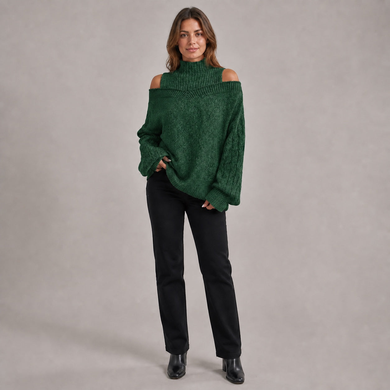 Forest Green women's cold-shoulder mock-neck oversized knitted jumper, front full-body styling view