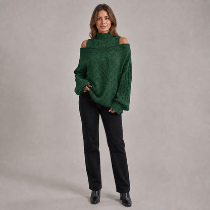 Forest Green women's cold-shoulder mock-neck oversized knitted jumper, front full-body styling view
