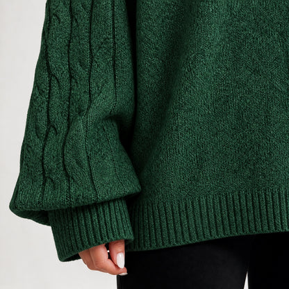 Forest Green women's cold-shoulder mock-neck oversized knitted jumper, cable-knit sleeve, cuff and hem detail