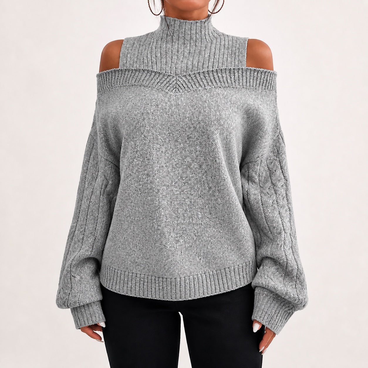 Mid Grey women's cold-shoulder mock-neck oversized knitted jumper, front studio view