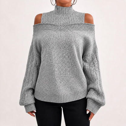 Mid Grey women's cold-shoulder mock-neck oversized knitted jumper, front studio view