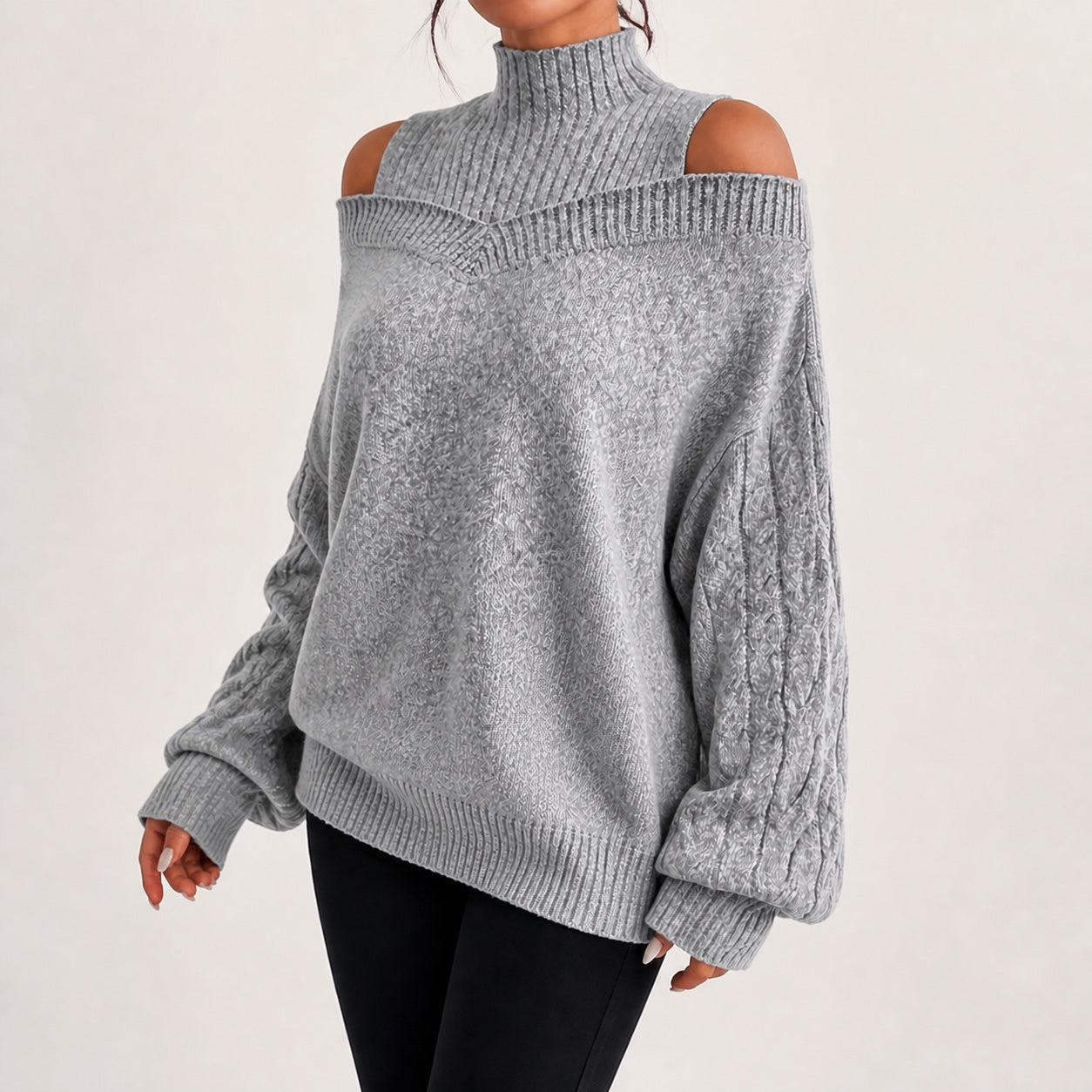 Mid Grey women's cold-shoulder mock-neck oversized knitted jumper, natural three-quarter studio view