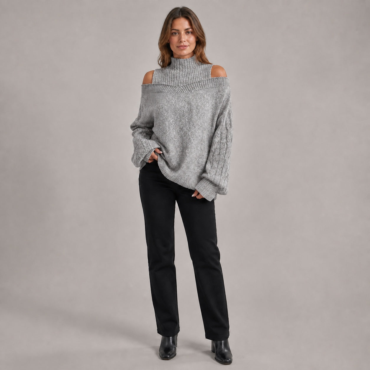Mid Grey women's cold-shoulder mock-neck oversized knitted jumper, front full-body styling view