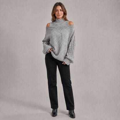 Mid Grey women's cold-shoulder mock-neck oversized knitted jumper, front full-body styling view
