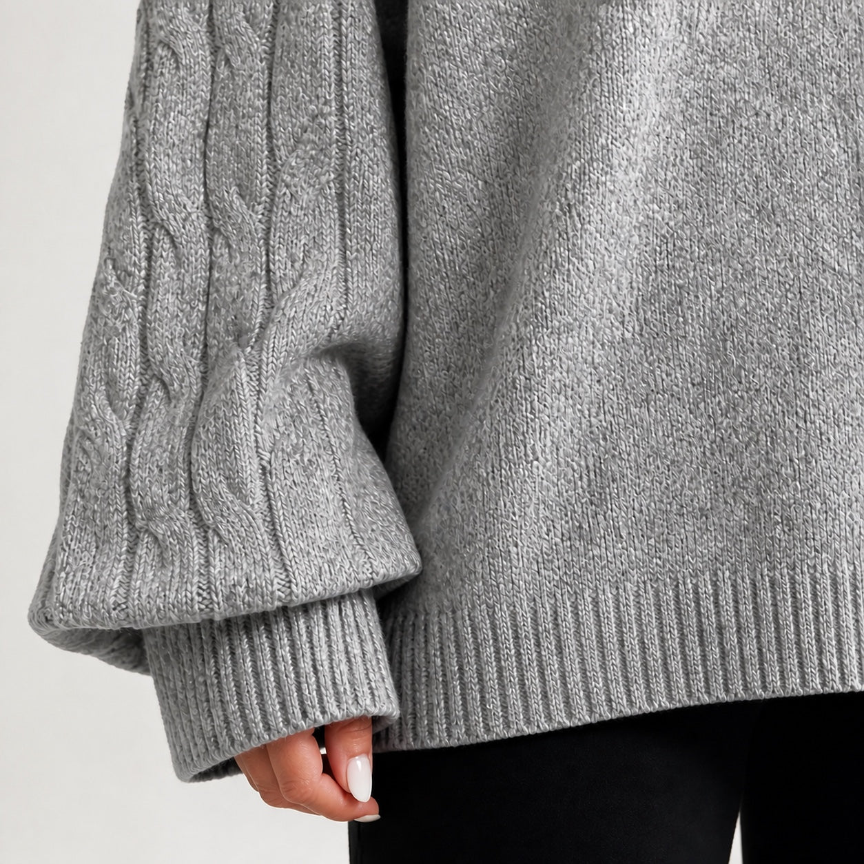 Mid Grey women's cold-shoulder mock-neck oversized knitted jumper, cable-knit sleeve, cuff and hem detail