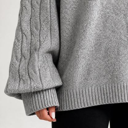Mid Grey women's cold-shoulder mock-neck oversized knitted jumper, cable-knit sleeve, cuff and hem detail