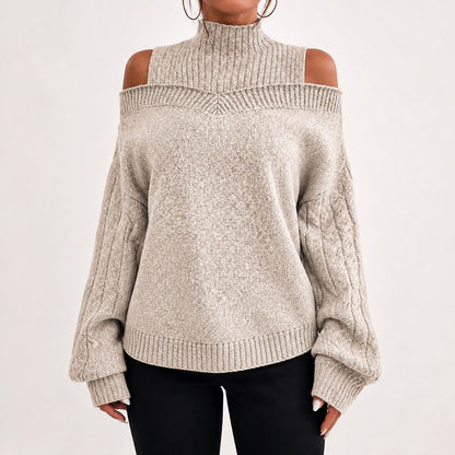 Oatmeal women's cold-shoulder mock-neck oversized knitted jumper, front studio view