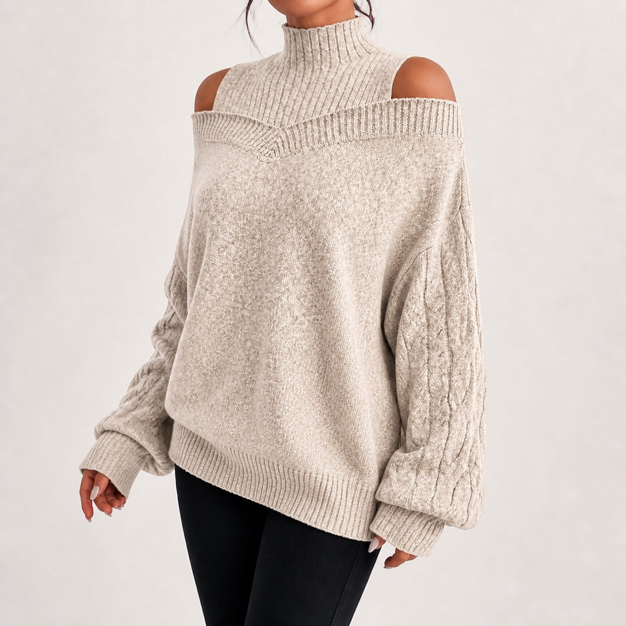 Oatmeal women's cold-shoulder mock-neck oversized knitted jumper, natural three-quarter studio view