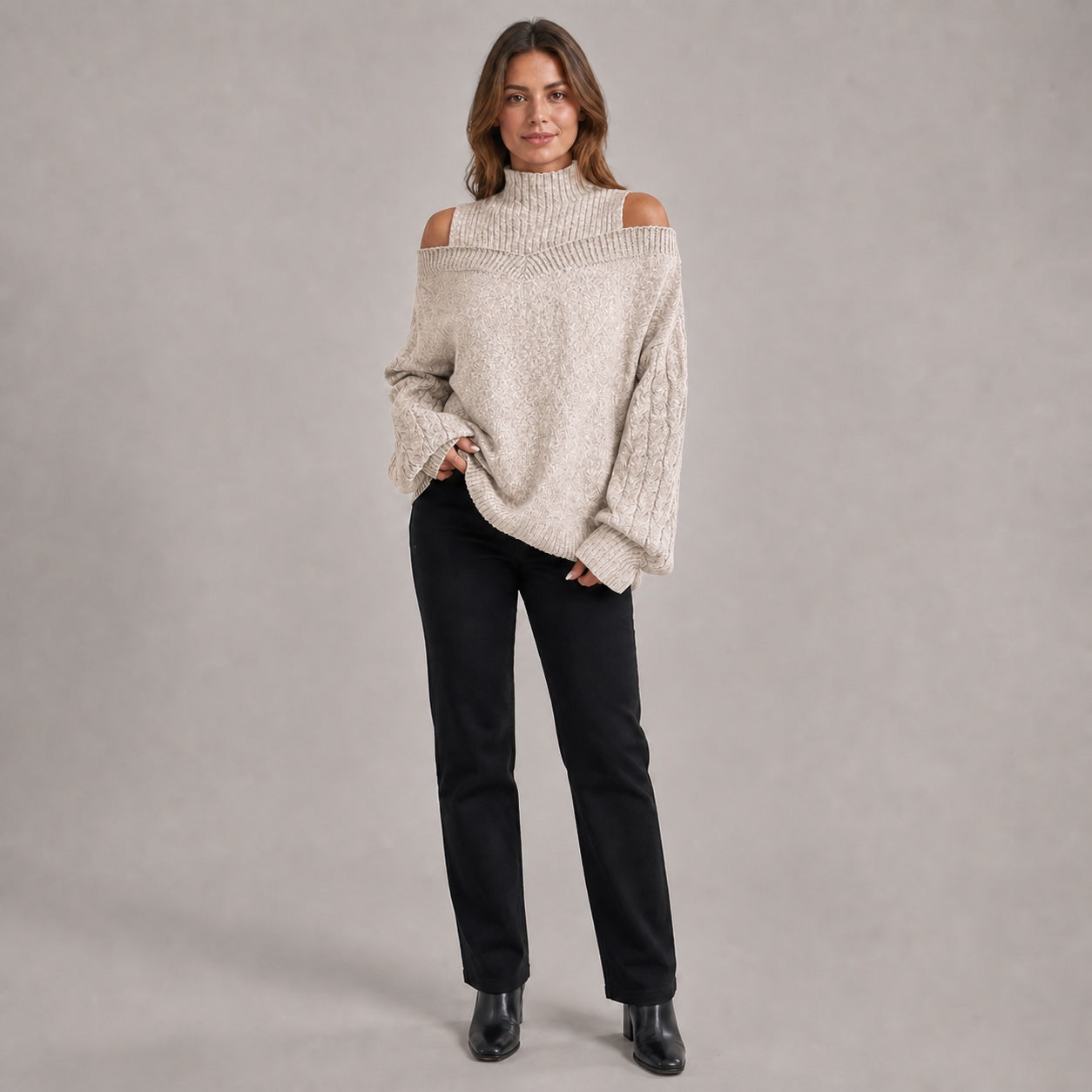 Oatmeal women's cold-shoulder mock-neck oversized knitted jumper, front full-body styling view