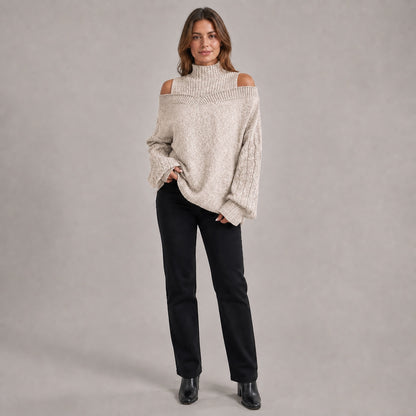 Oatmeal women's cold-shoulder mock-neck oversized knitted jumper, front full-body styling view