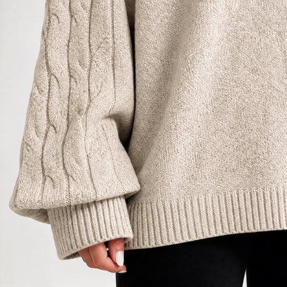 Oatmeal women's cold-shoulder mock-neck oversized knitted jumper, cable-knit sleeve, cuff and hem detail
