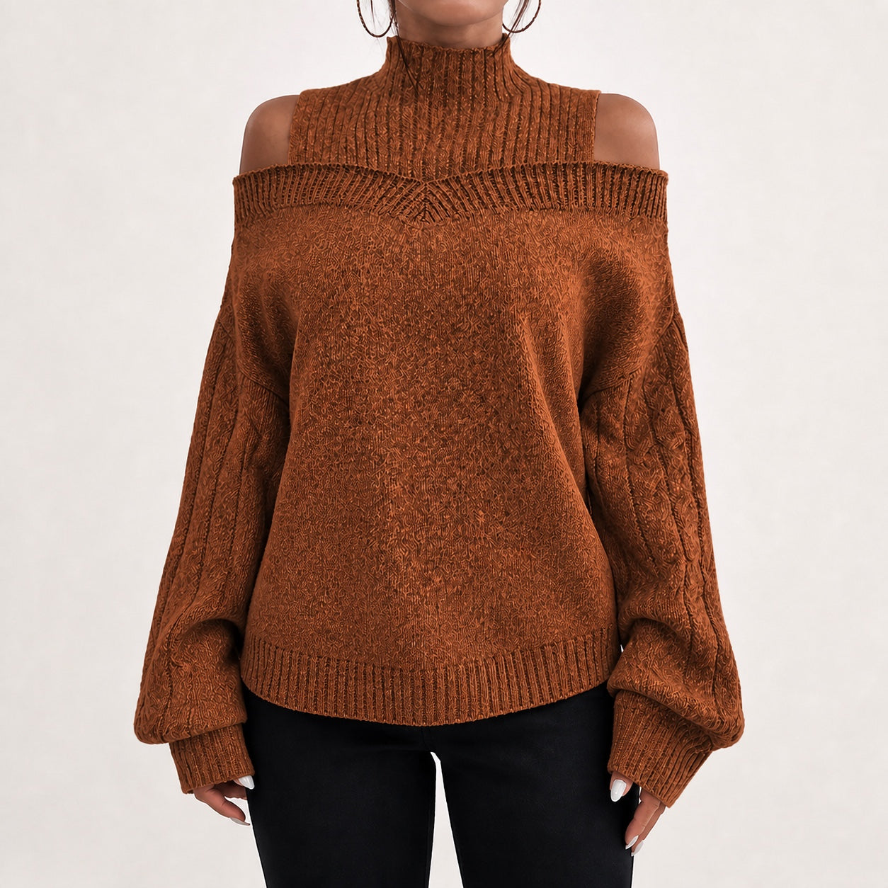 Rust women's cold-shoulder mock-neck oversized knitted jumper, front studio view