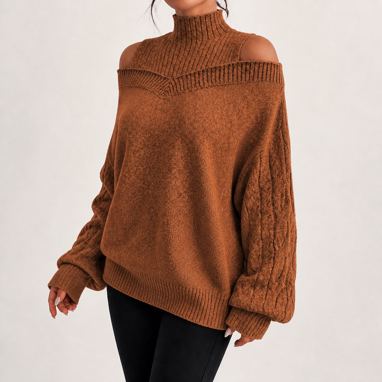 Rust women's cold-shoulder mock-neck oversized knitted jumper, natural three-quarter studio view