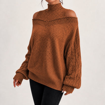 Rust women's cold-shoulder mock-neck oversized knitted jumper, natural three-quarter studio view
