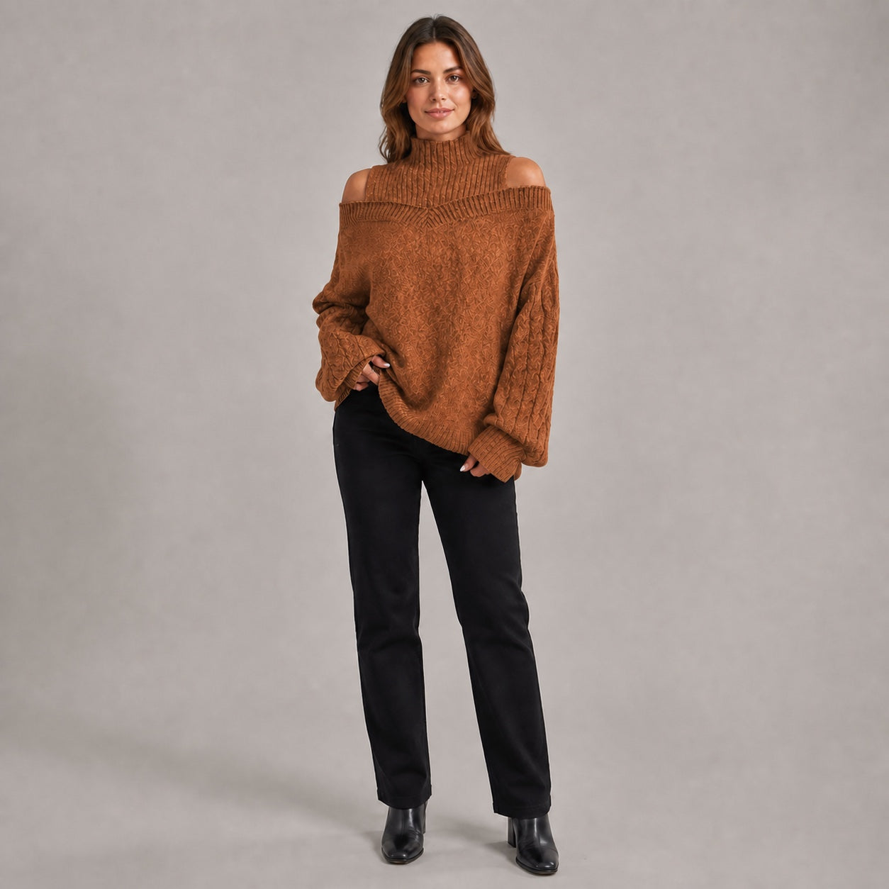 Rust women's cold-shoulder mock-neck oversized knitted jumper, front full-body styling view