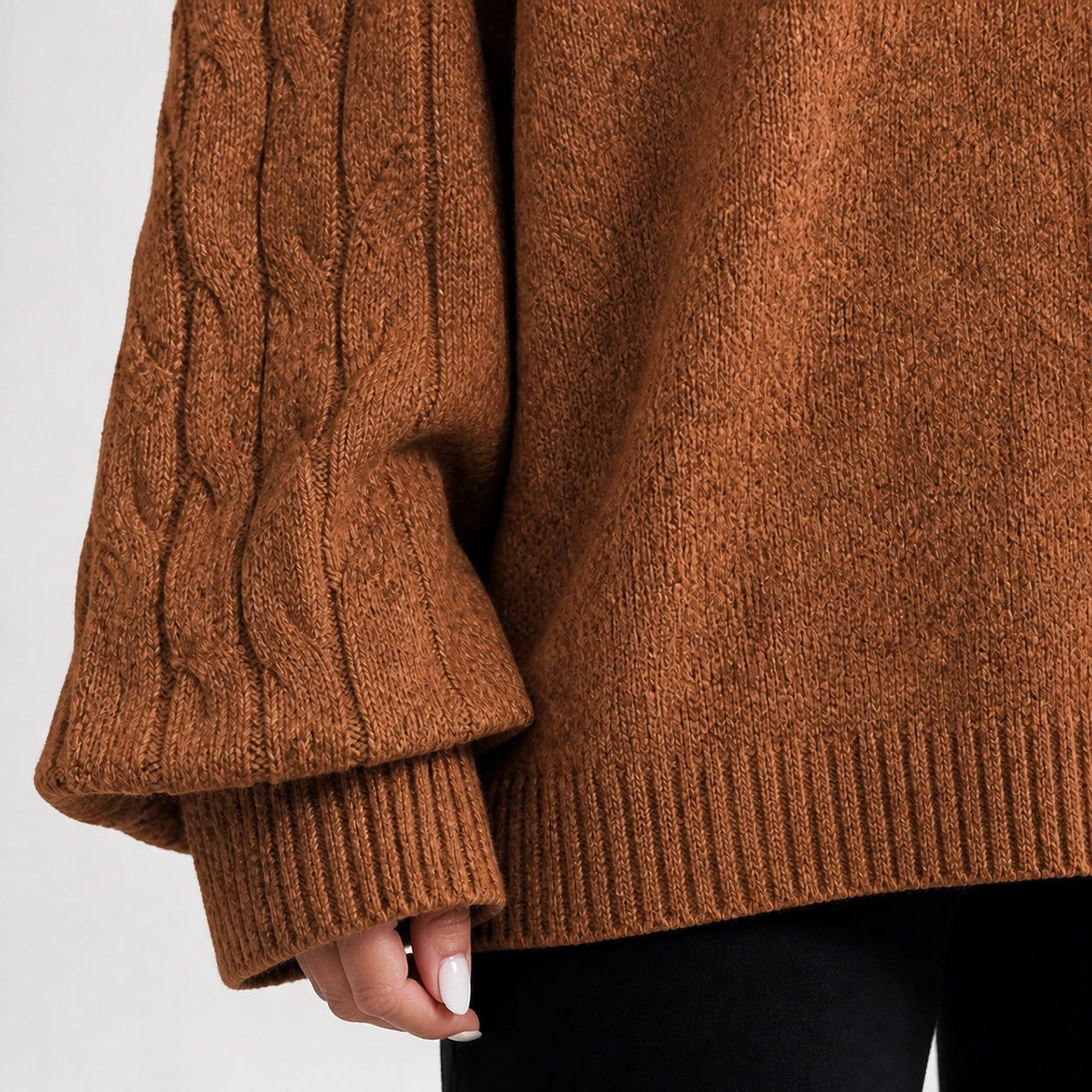 Rust women's cold-shoulder mock-neck oversized knitted jumper, cable-knit sleeve, cuff and hem detail
