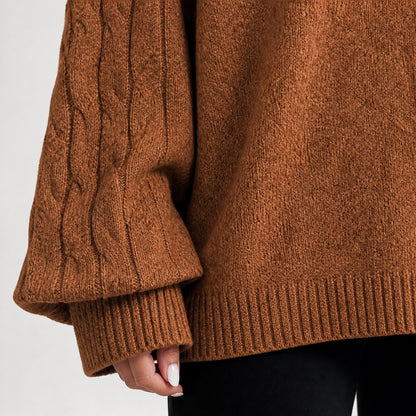 Rust women's cold-shoulder mock-neck oversized knitted jumper, cable-knit sleeve, cuff and hem detail