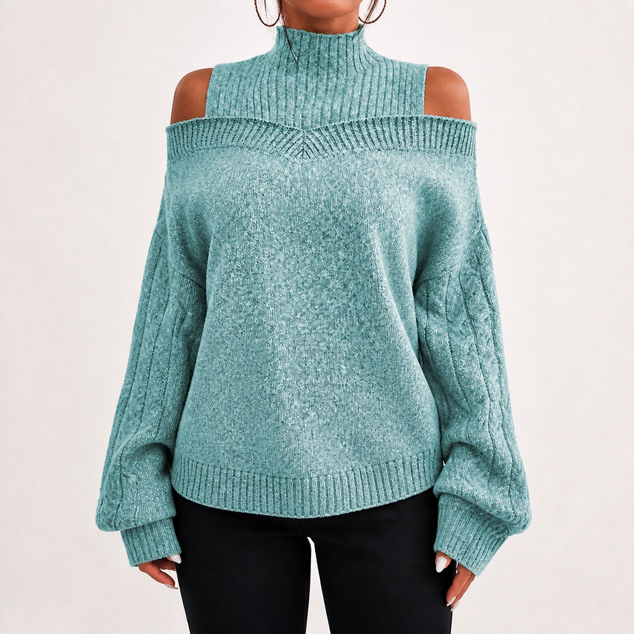 Soft Teal women's cold-shoulder mock-neck oversized knitted jumper, front studio view