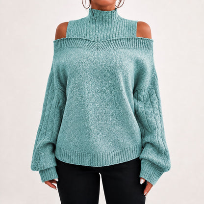 Soft Teal women's cold-shoulder mock-neck oversized knitted jumper, front studio view