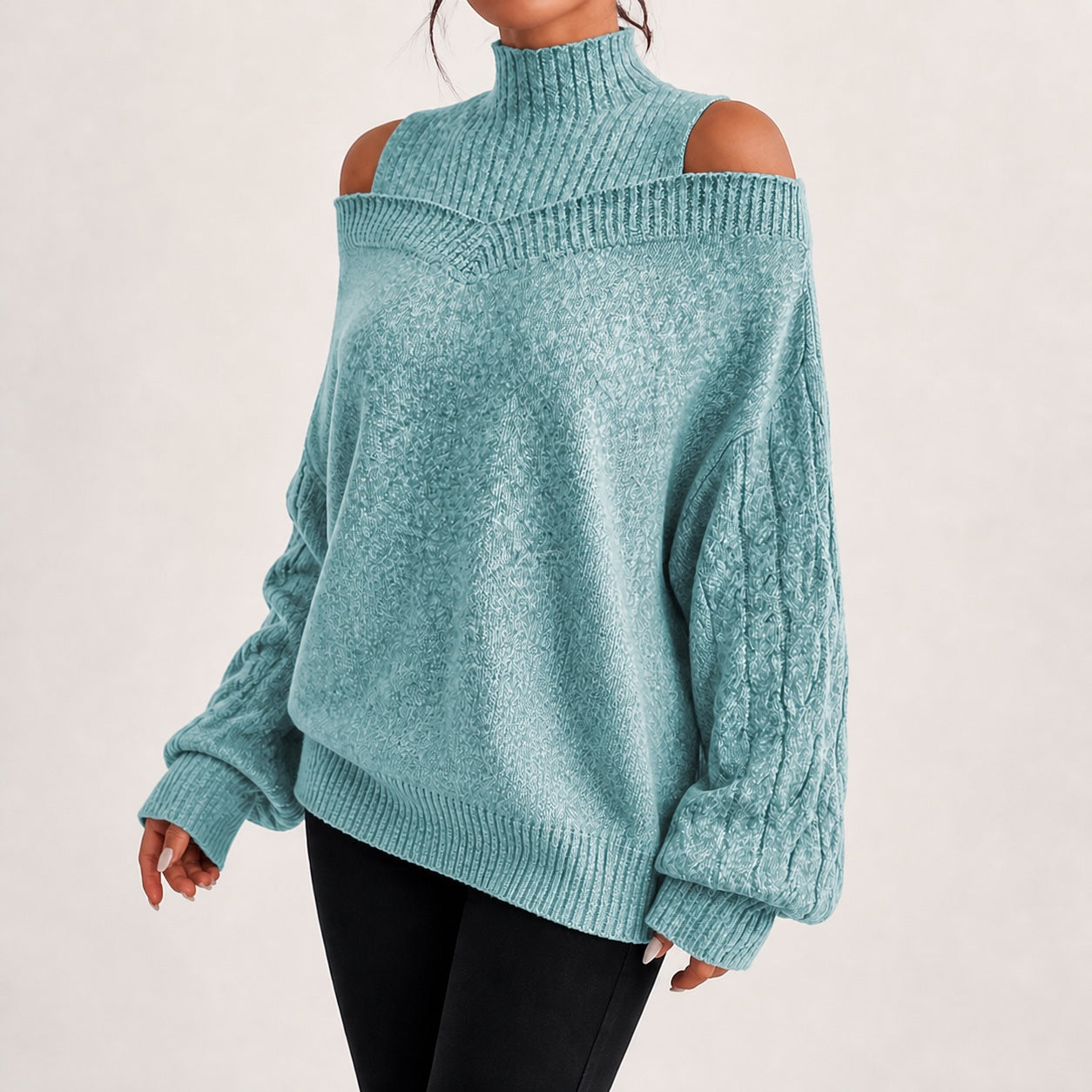 Soft Teal women's cold-shoulder mock-neck oversized knitted jumper, natural three-quarter studio view