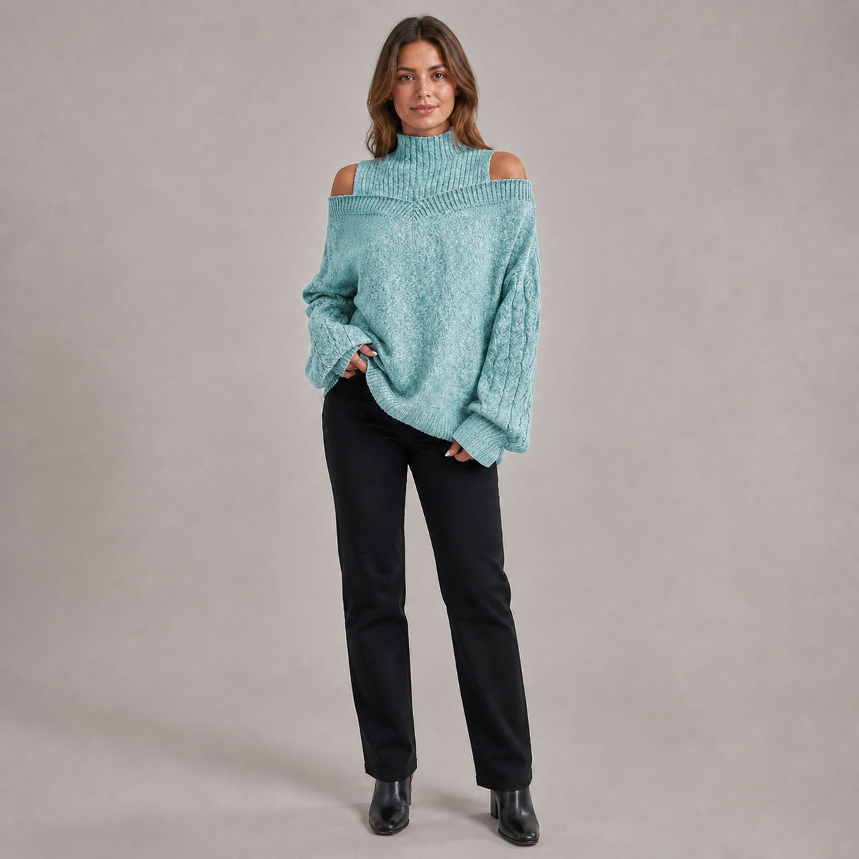 Soft Teal women's cold-shoulder mock-neck oversized knitted jumper, front full-body styling view
