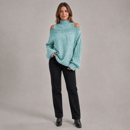 Soft Teal women's cold-shoulder mock-neck oversized knitted jumper, front full-body styling view