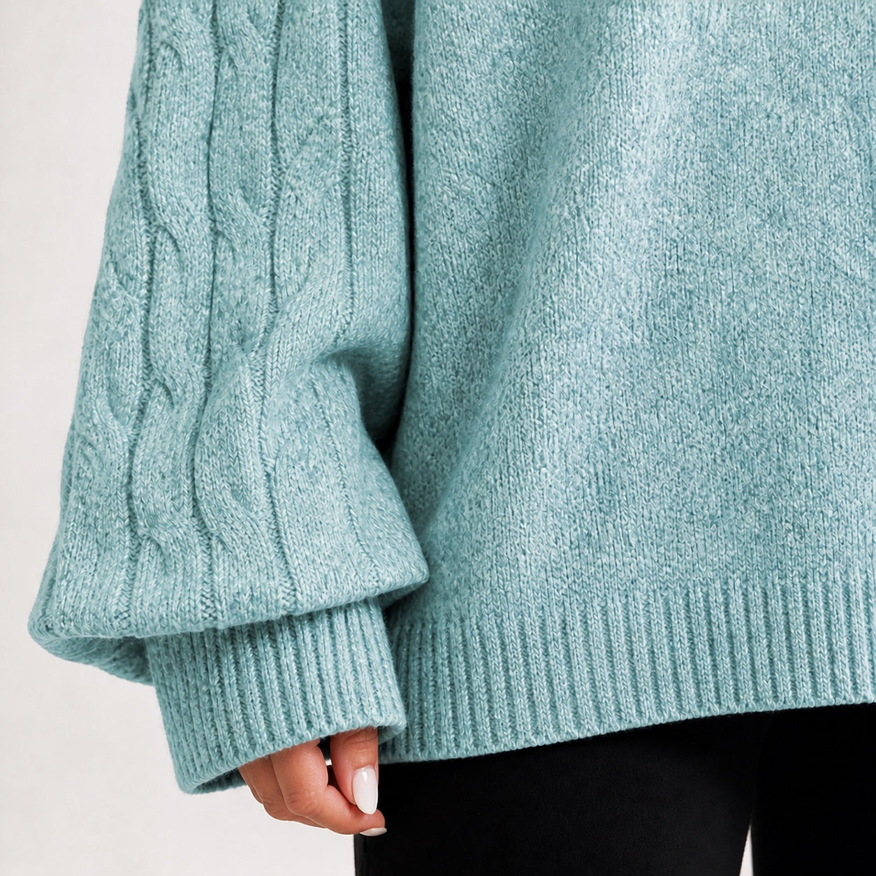 Soft Teal women's cold-shoulder mock-neck oversized knitted jumper, cable-knit sleeve, cuff and hem detail