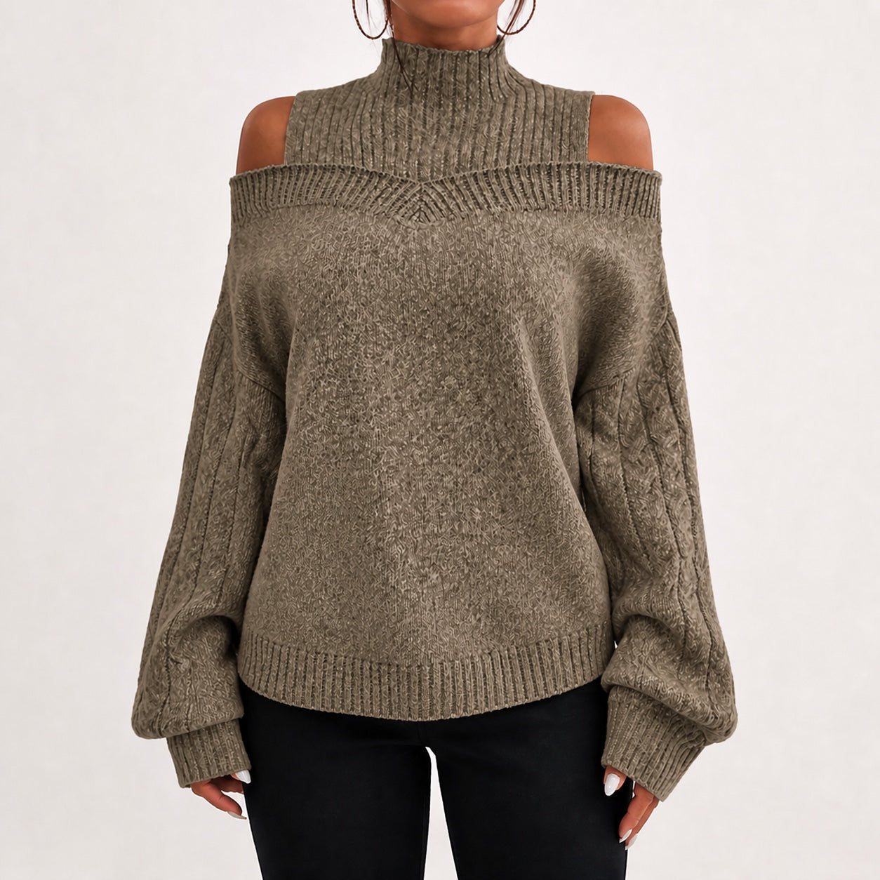 Taupe women's cold-shoulder mock-neck oversized knitted jumper, front studio view