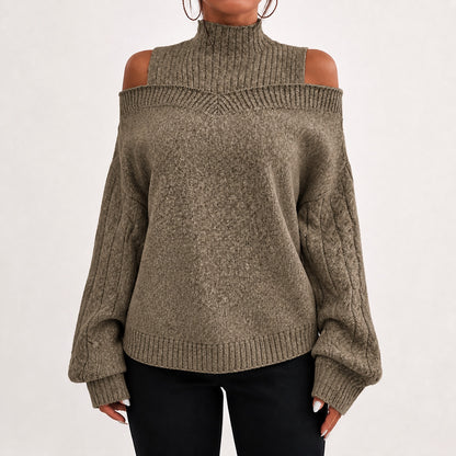 Taupe women's cold-shoulder mock-neck oversized knitted jumper, front studio view