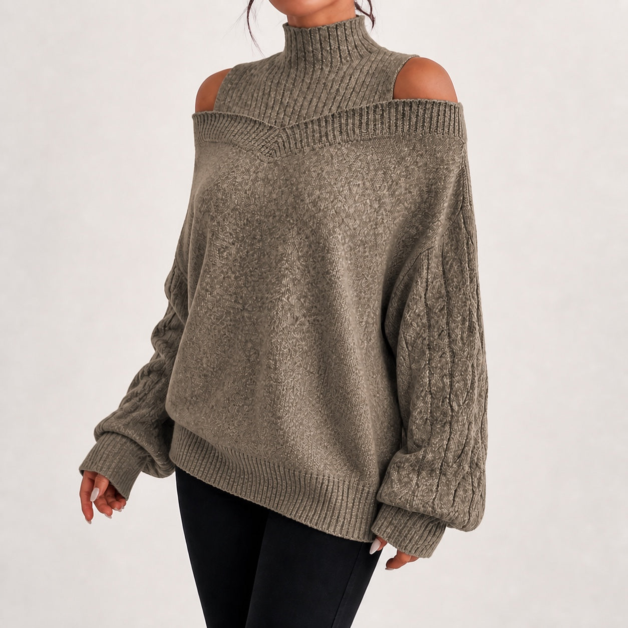 Taupe women's cold-shoulder mock-neck oversized knitted jumper, natural three-quarter studio view