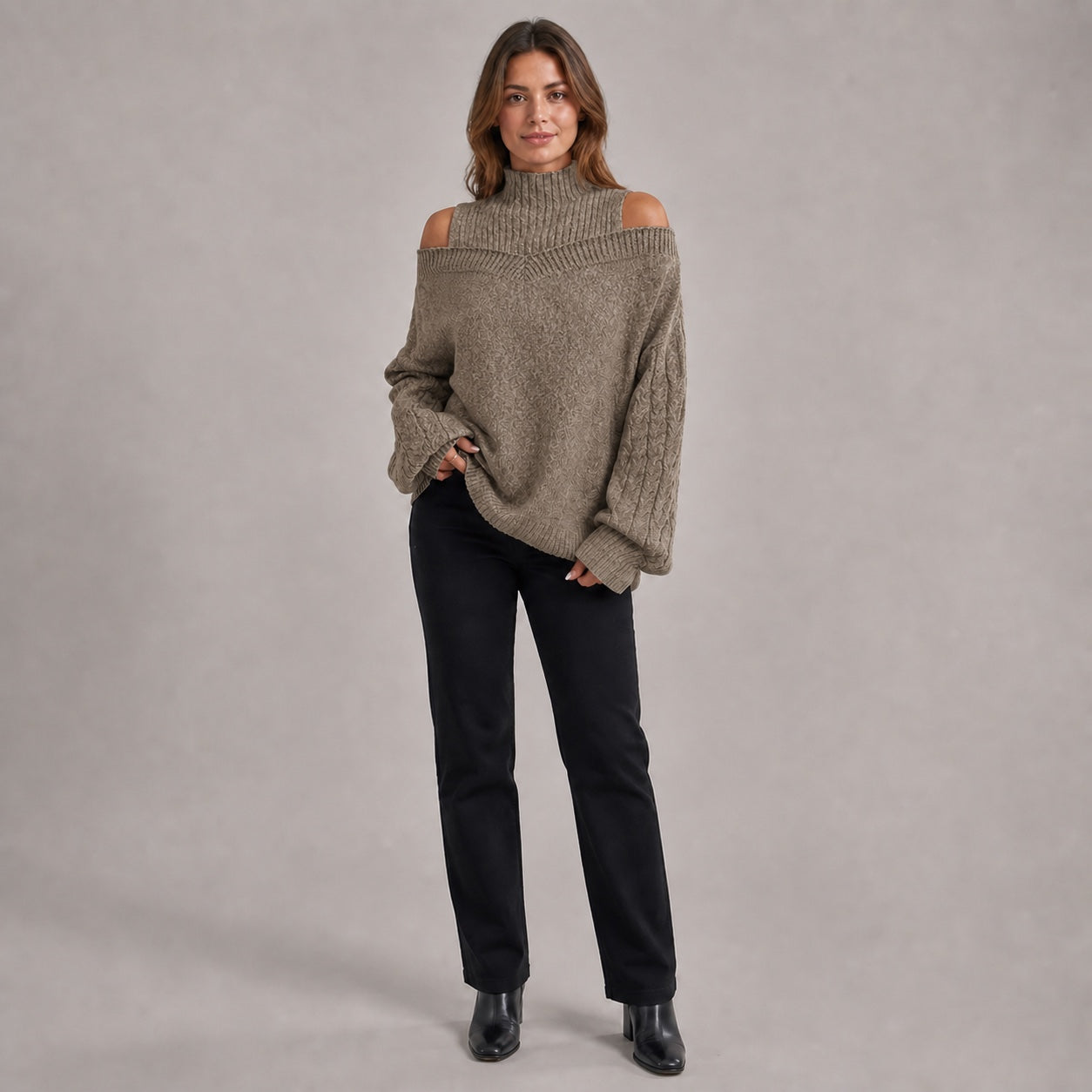 Taupe women's cold-shoulder mock-neck oversized knitted jumper, front full-body styling view