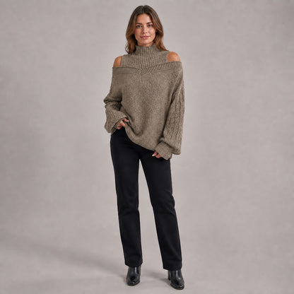 Taupe women's cold-shoulder mock-neck oversized knitted jumper, front full-body styling view