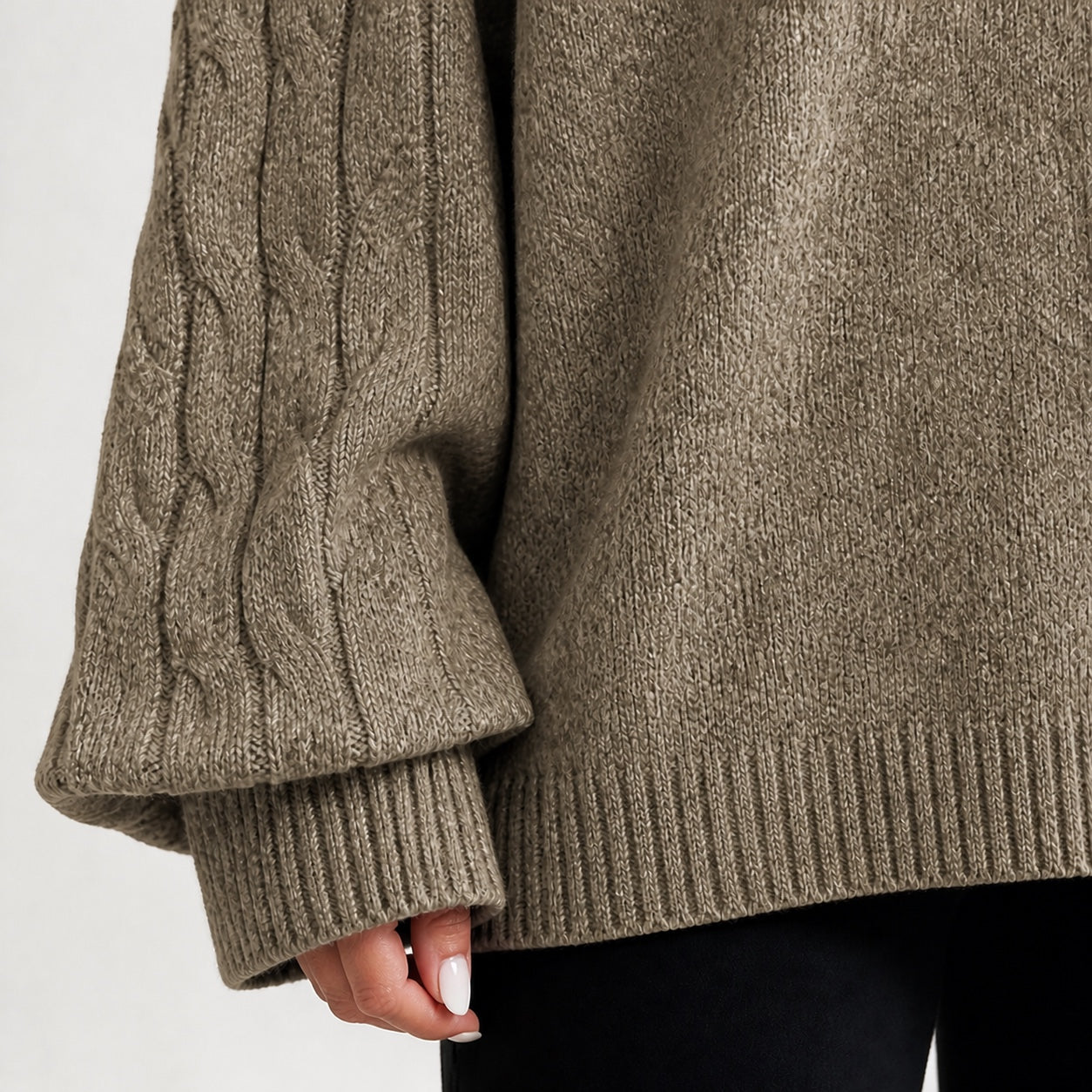 Taupe women's cold-shoulder mock-neck oversized knitted jumper, cable-knit sleeve, cuff and hem detail