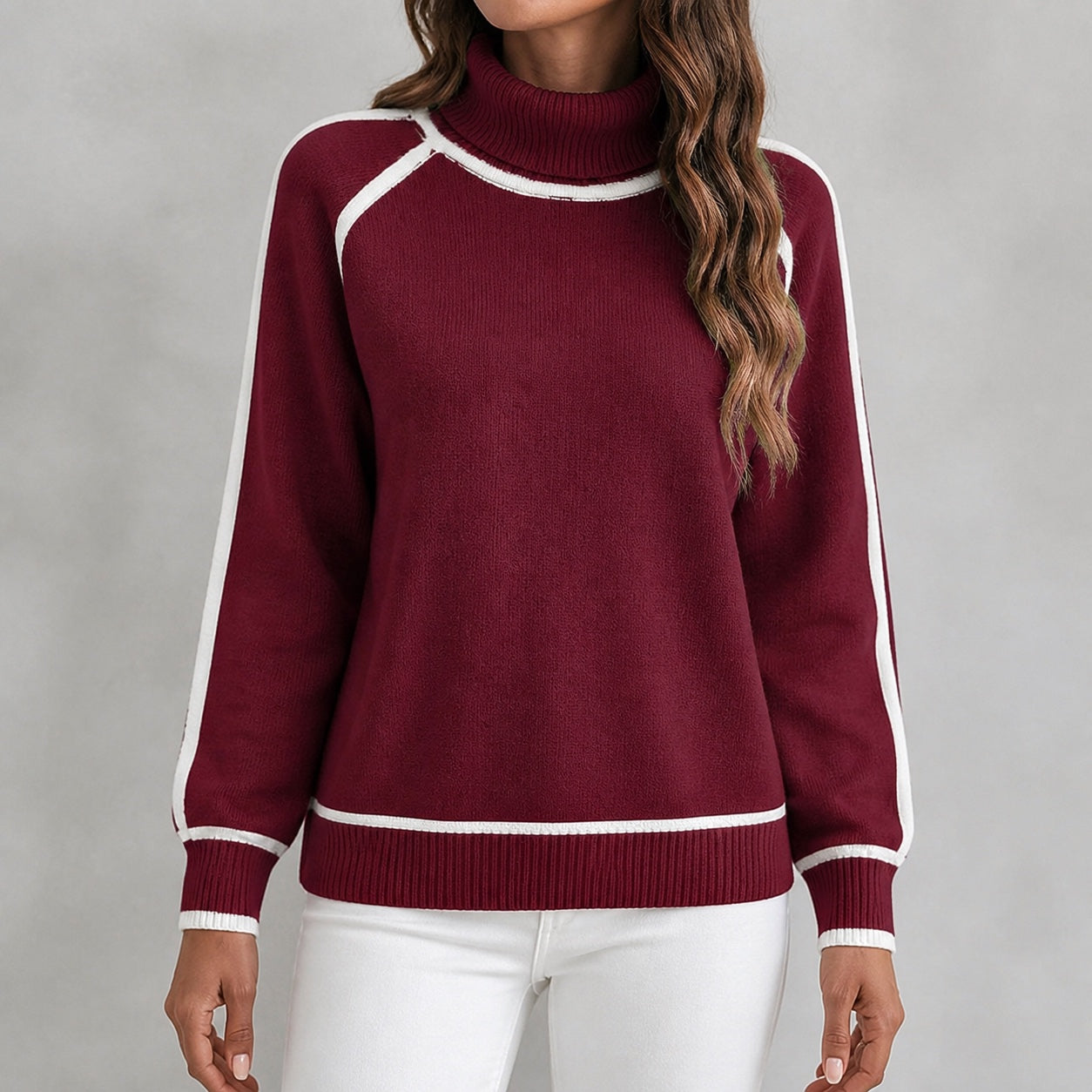 Deep Burgundy women's contrast-trim roll-neck knitted jumper, straight-on front view
