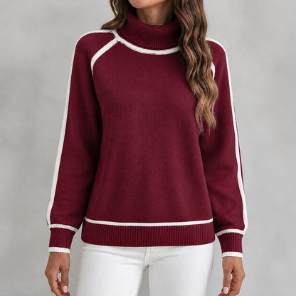 Deep Burgundy women's contrast-trim roll-neck knitted jumper, straight-on front view