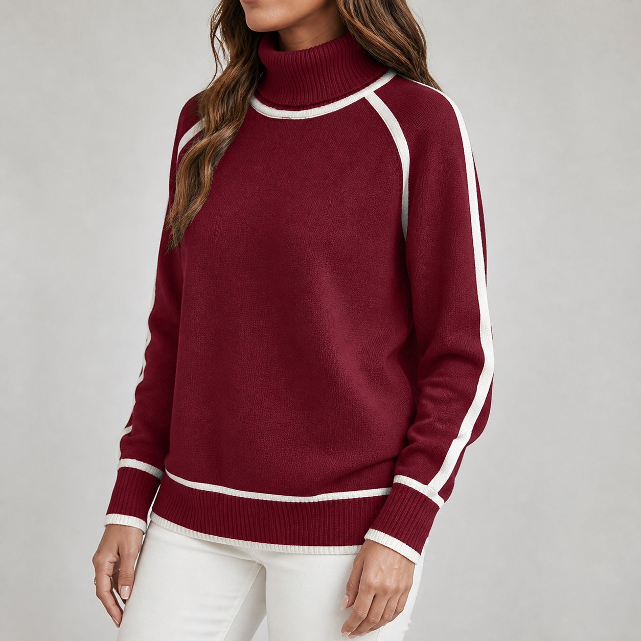 Deep Burgundy women's contrast-trim roll-neck knitted jumper, three-quarter view