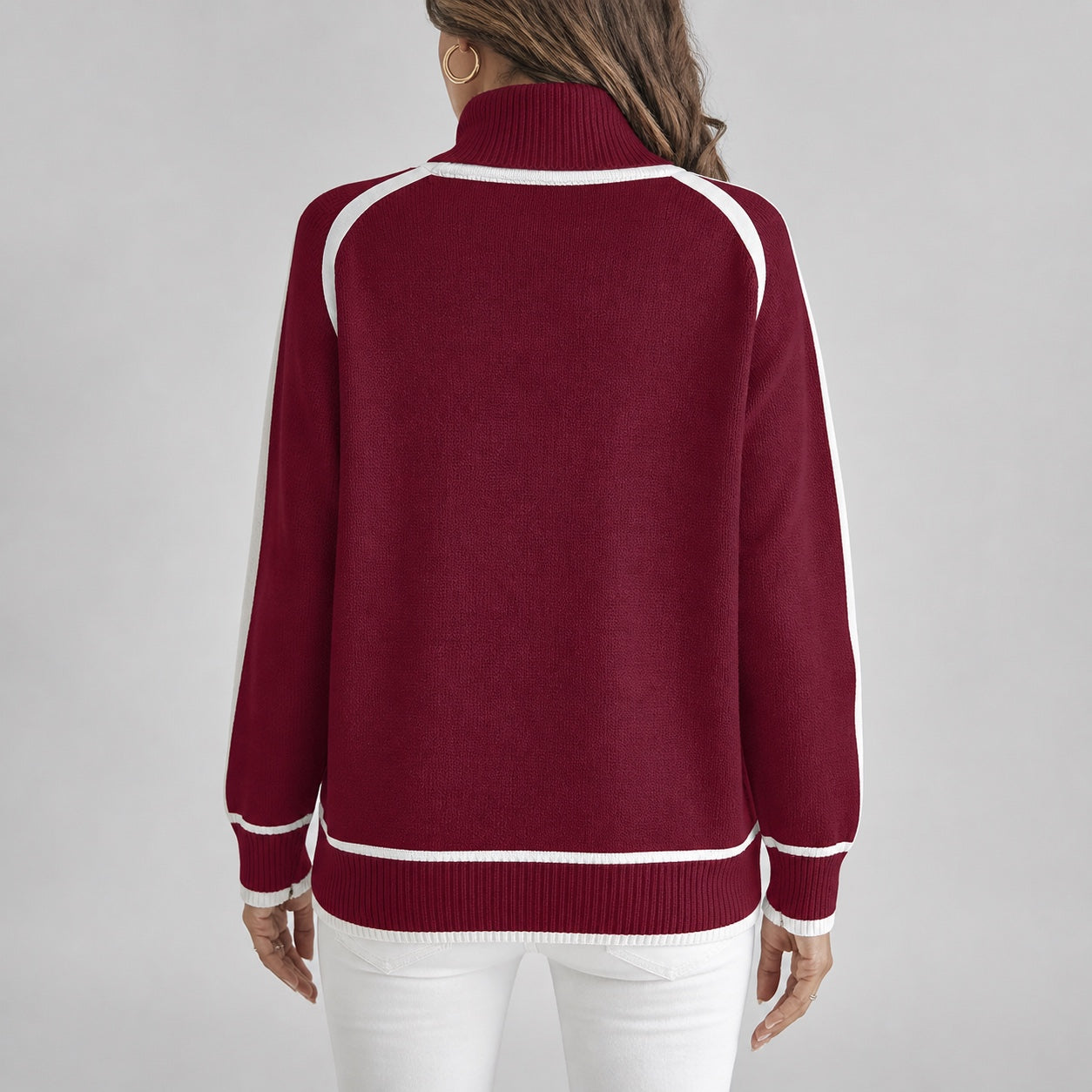 Deep Burgundy women's contrast-trim roll-neck knitted jumper, back view