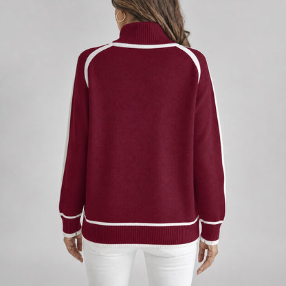 Deep Burgundy women's contrast-trim roll-neck knitted jumper, back view
