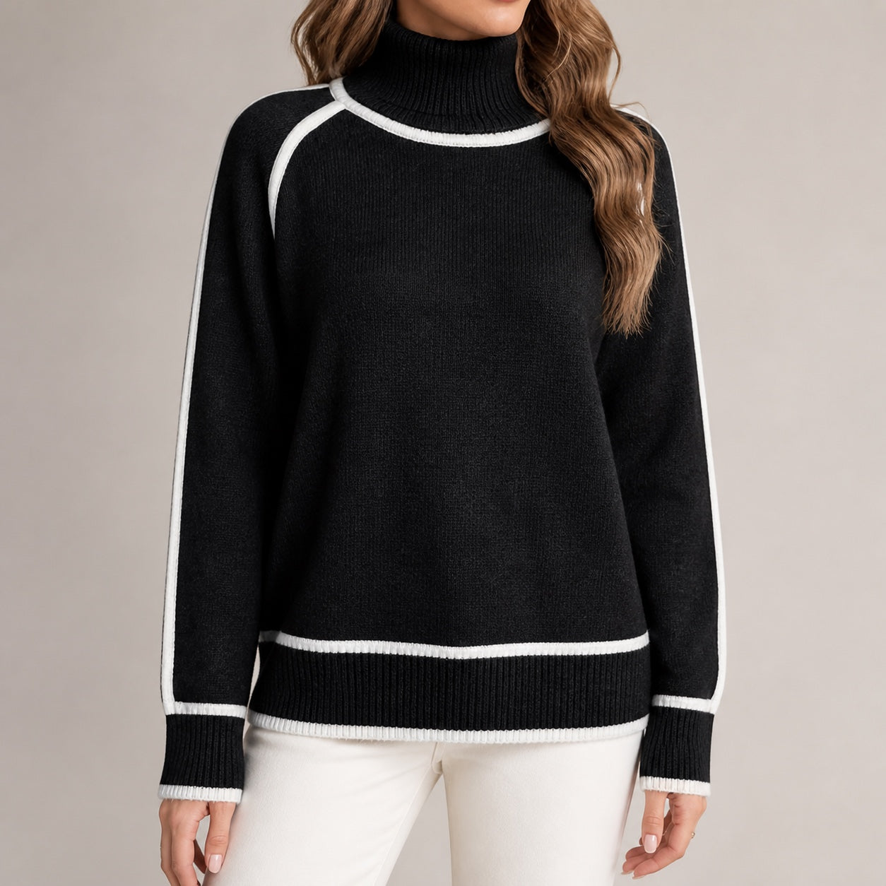 Black women's contrast-trim roll-neck knitted jumper, front model view