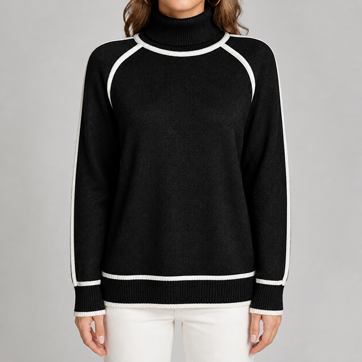 Black women's contrast-trim roll-neck knitted jumper, straight-on front view