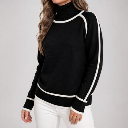 Black women's contrast-trim roll-neck knitted jumper, three-quarter view