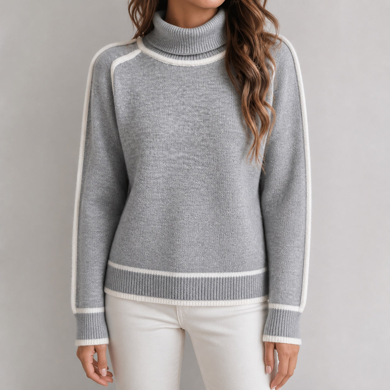 Soft Grey women's contrast-trim roll-neck knitted jumper, front model view