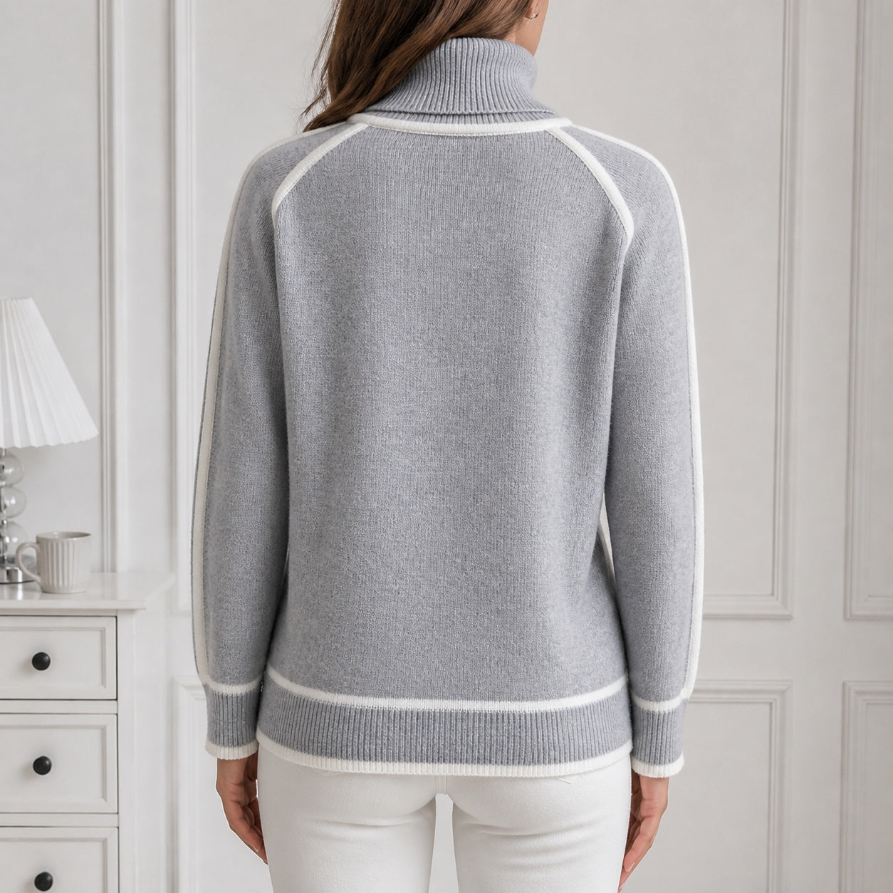 Soft Grey women's contrast-trim roll-neck knitted jumper, back view