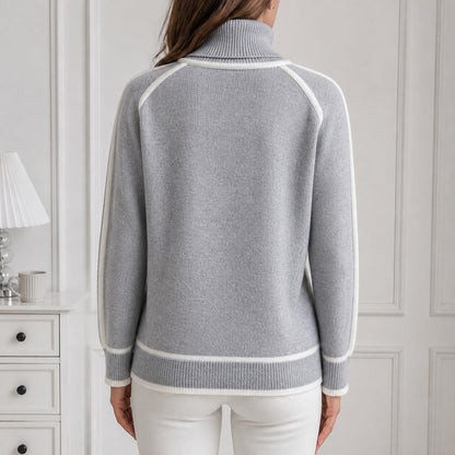 Soft Grey women's contrast-trim roll-neck knitted jumper, back view