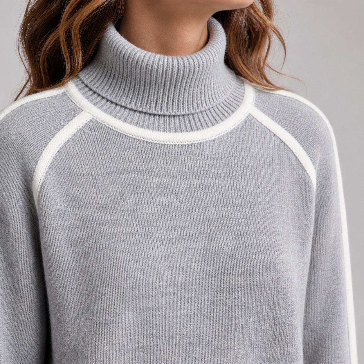 Soft Grey women's contrast-trim roll-neck knitted jumper, roll-neck and shoulder piping detail