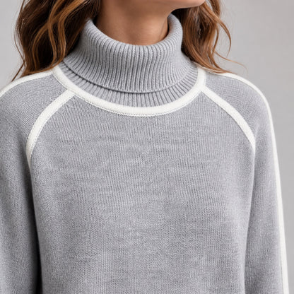 Soft Grey women's contrast-trim roll-neck knitted jumper, roll-neck and shoulder piping detail