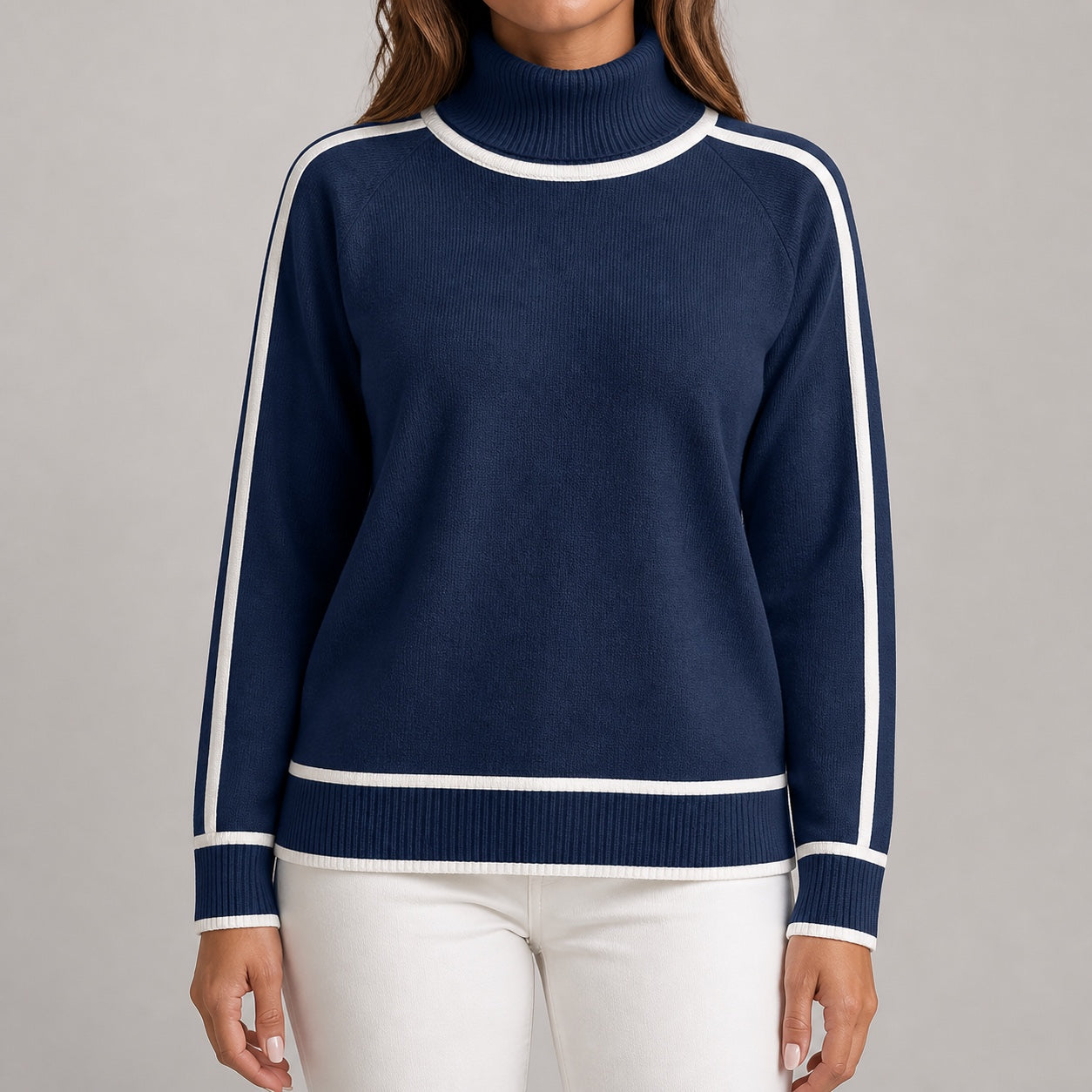 Navy women's contrast-trim roll-neck knitted jumper, front model view