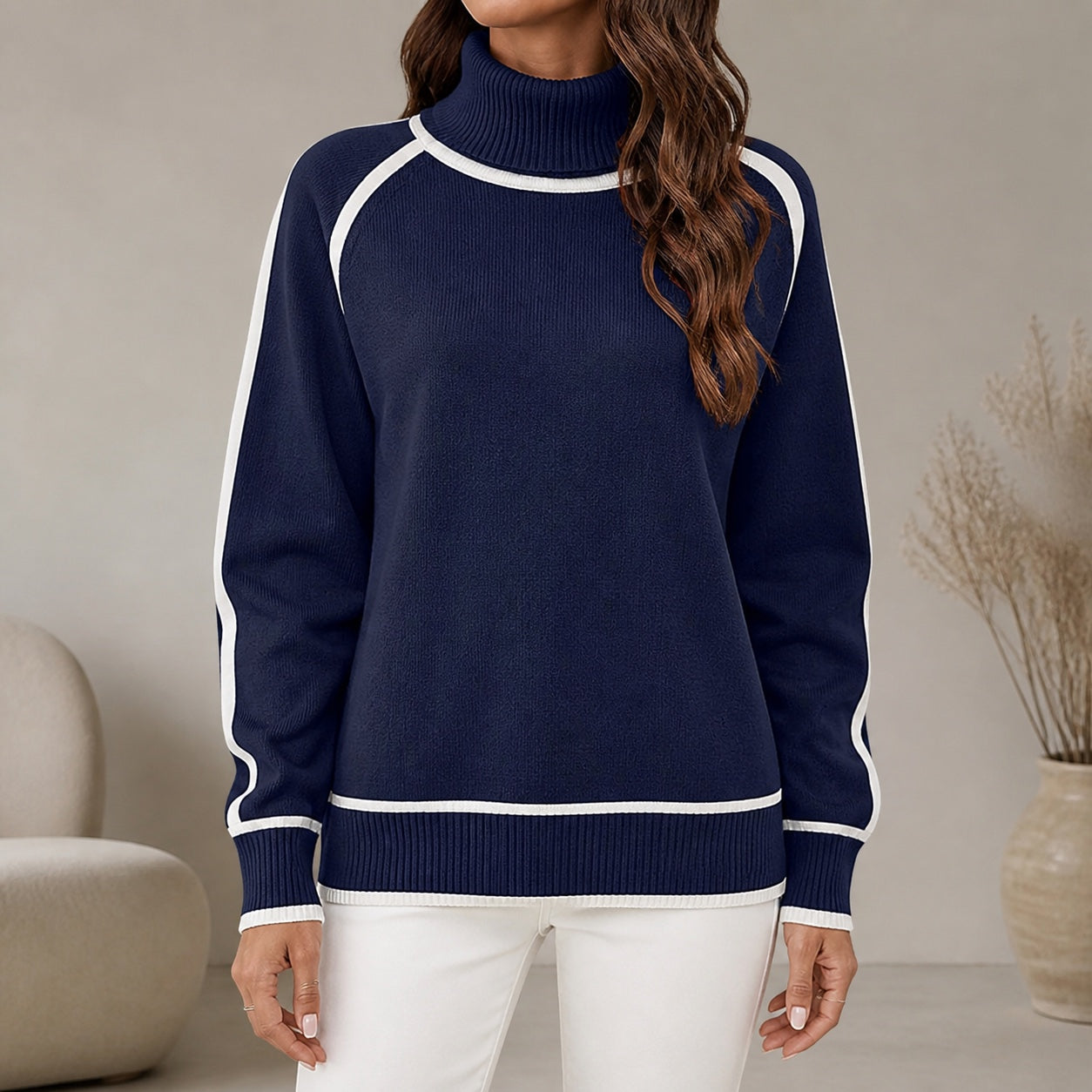 Navy women's contrast-trim roll-neck knitted jumper, straight-on front view